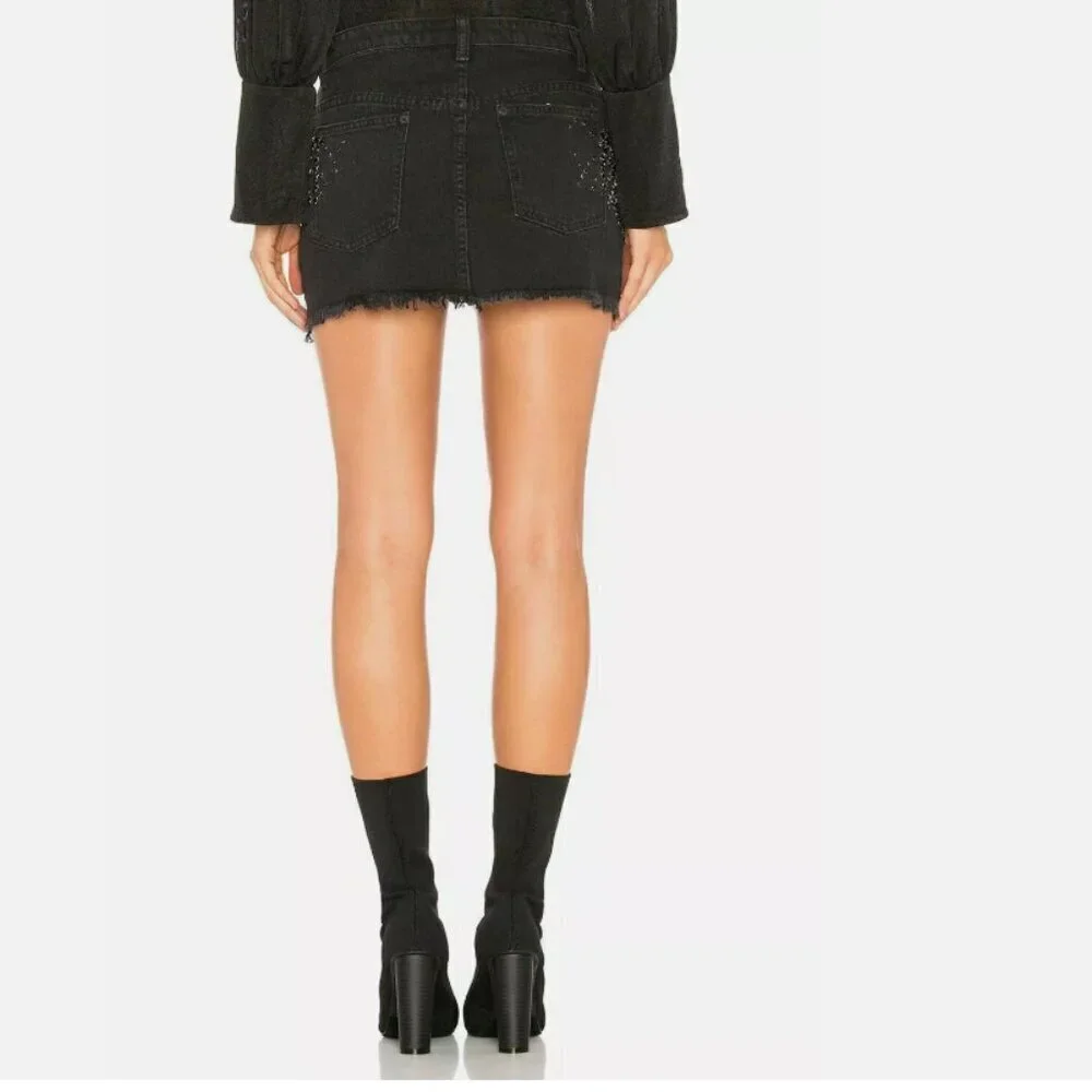 Free People Skirt 6 Black Mini Stretch Denim Crystal Beaded Frayed